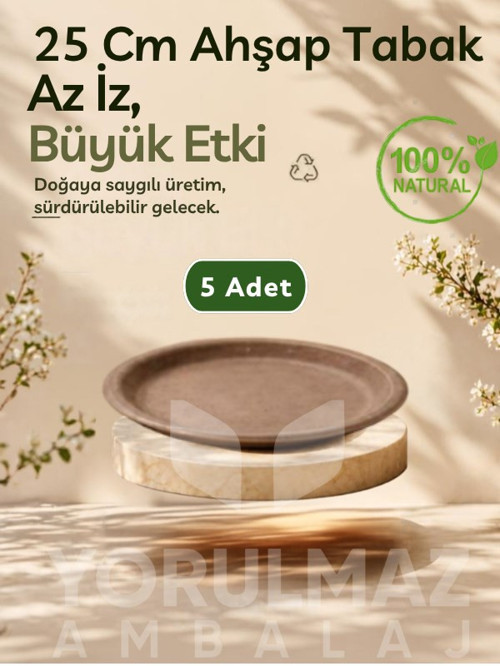🌿 25 Cm %100 Doğal Biogranül Ahşap Tabak 5’li – Kullan-at Piknik & Servis Tabağı