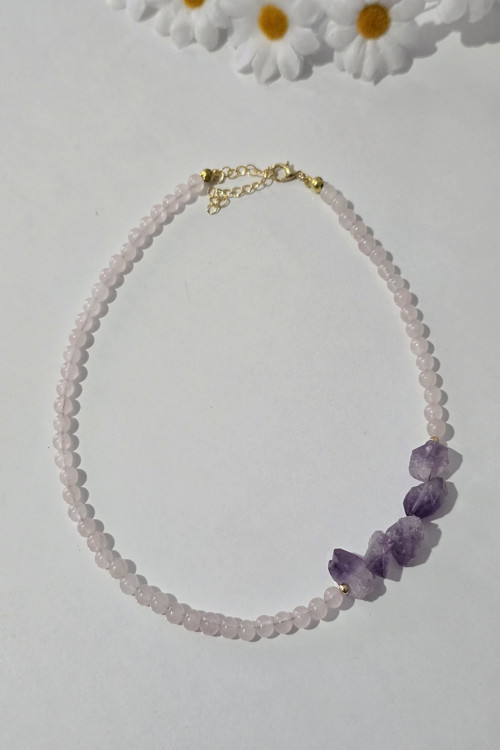 SERTİFİKALI 6 MM PEMBE KUVARS , HAM AMETİST DOĞALTAŞ KOLYE