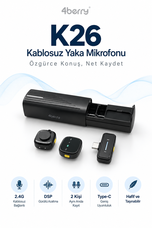 K26 Kablosuz Yaka Mikrofonu Type-C Çift Mikrofon Gürültü Azaltma Şarj Kutulu Vlog Röportaj Mikrofonu