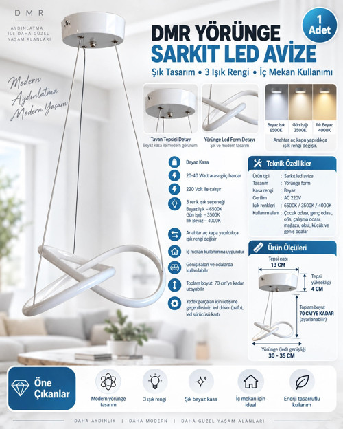 Yörünge Sarkıt Led Avize BEYAZ Kasa 35w 220 Volt Üç Renk 6500k/4000k/3000k (Beyaz /Ilık Beyaz/Sa