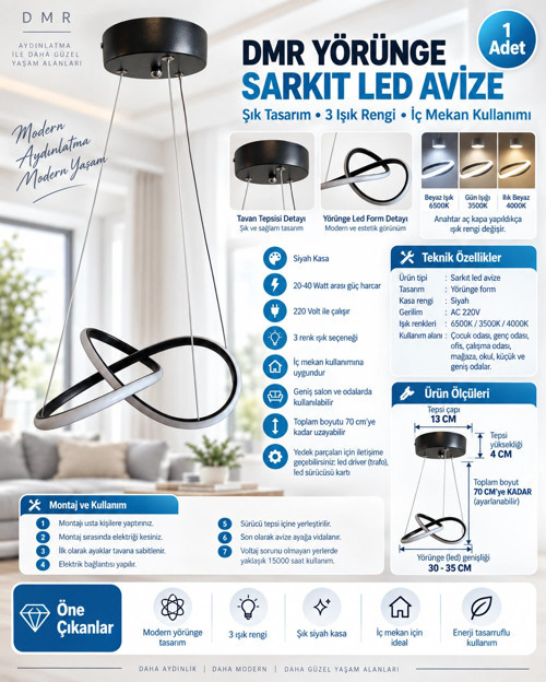 Yörünge Sarkıt Led Avize SİYAH Kasa 35w 220 Volt Üç Renk 6500k/4000k/3000k (Beyaz /Ilık Beyaz/Sa