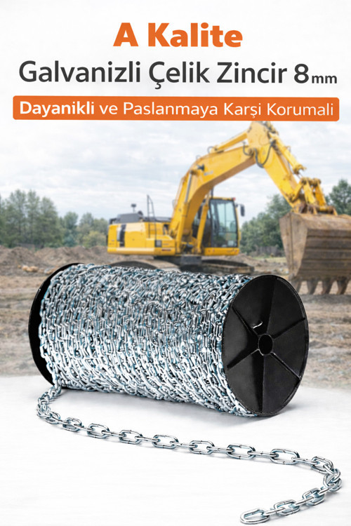 8 mm Galvaniz Zincir 2 Metre Paslanmaz Çelik Sanayi Zinciri Bahçe Atölye Genel Kullanım