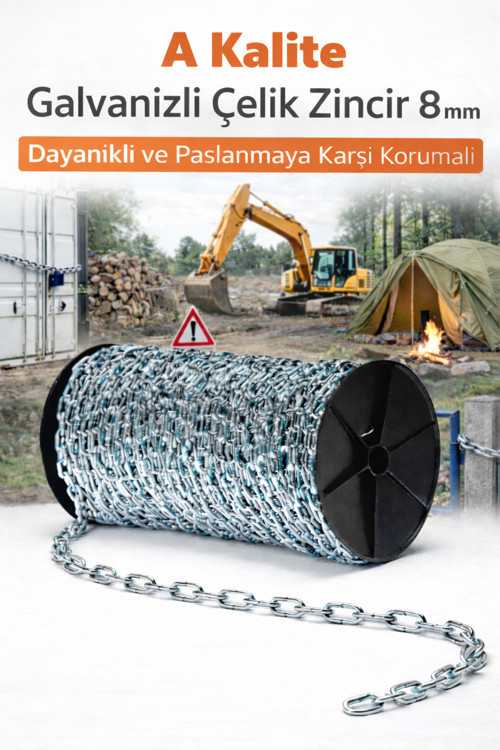 8 mm Galvaniz Zincir 10 Metre Paslanmaz Çelik Sanayi Zinciri Bahçe Atölye Genel Kullanım