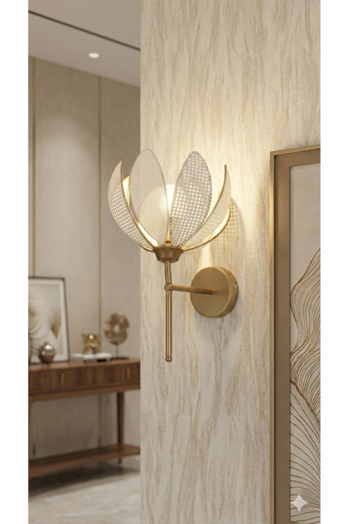Lotus Model Dekoratif Pilli Duvar Apliği -Eskitme Çerçeveli Kumaş Kaplama- Modern Aydınlatma