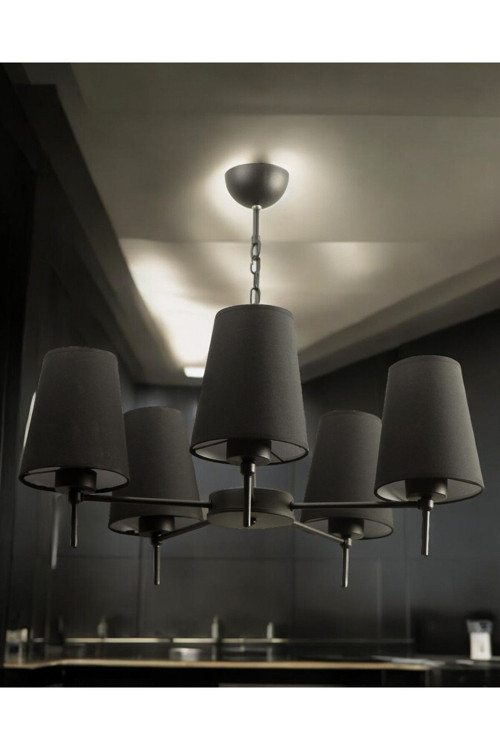 (KAMPANYAYA ÖZEL FİYAT) NEXA 5'li Siyah Modern Konik Abajur Şapkalı Metal Avize