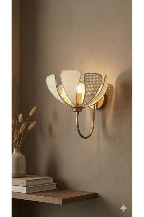 Lotus Model Dekoratif Pilli Duvar Apliği -Eskitme Çerçeveli Kumaş Kaplama-Modern Aydınlatma
