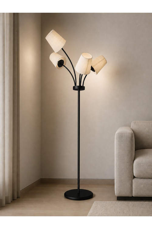 FLORİNA Modern Siyah Metal 5 Krem Kumaş Başlıklı Asimetrik Metal Lambader Salon Yatak Odası