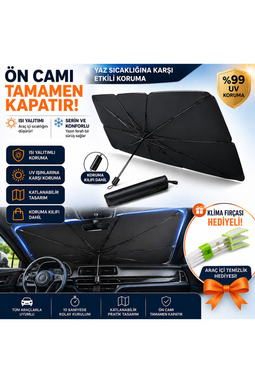 Mini Klima Temizleme Fırçası Hediyeli Araç Ön Cam Güneşlik Şemsiyesi Katlanabilir UV Korumalı Isı Yalıtımlı Koruma Kılıflı