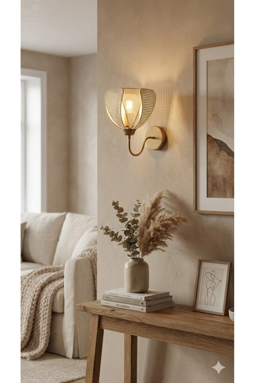 Lotus Model Dekoratif Pilli Duvar Apliği -Eskitme Çerçeveli Kumaş Kaplama- Modern Aydınlatma