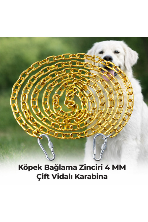 7 METRE SARI Köpek Bağlama Zinciri 4 mm Gezdirme 2 Vidalı Karabina Çelik Dayanıklı