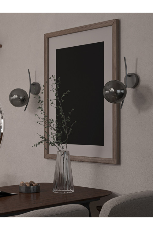 LAL Modern Siyah Metal Füme Cam Duvar Apliği - Metal Gövdeli Dekoratif Duvar Aydınlatma (2'Lİ SET)