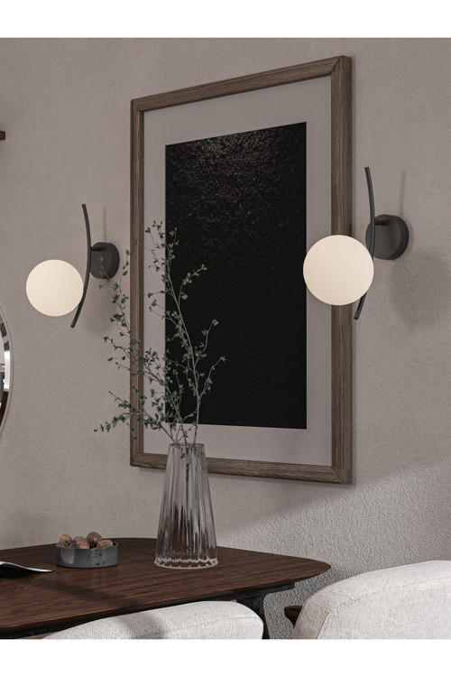 LAL Modern Yay Formlu Duvar Apliği - Siyah Metal Gövde Ve Beyaz Küre Cam Led Uyumlu ( 2'Lİ SET)