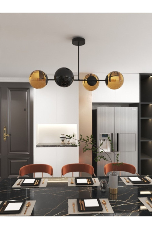 Milora Siyah Metal 4'lü Glop Bal Rengi Cam Detaylı Modern Lüks Avize