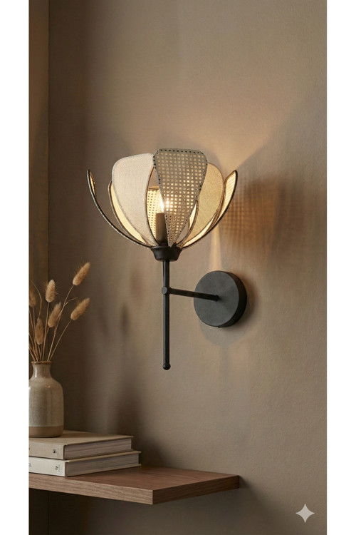 Lotus Model Dekoratif Pilli Duvar Apliği - Siyah Çerçeveli Kumaş Kaplama-Modern Aydınlatma