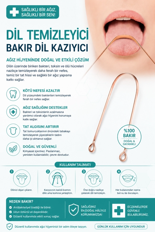 Bakır Dil Temizleme Atı – Dil Temizleyici – Ağız Bakım Atı – Dil Kazıyıcı – Metal Dil Temizleme Ekipmanı