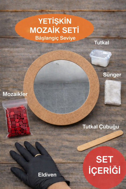 34x34cm Yuvarlak Pleksi Aynalı Yetişkin Mozaik Set (Başlangıç Seviye) Kırmızı Tonlar