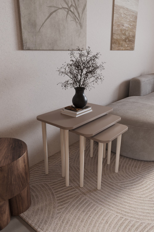 Dikdörtgen Zigon Sehpa 3'Lü Set – Ahşap Ayaklı Modern Tasarım