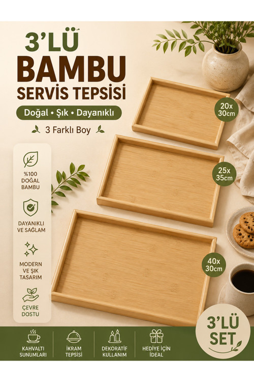 3’lü Bambu Ahşap Sunum ve Dekoratif Organizer Tepsi Seti