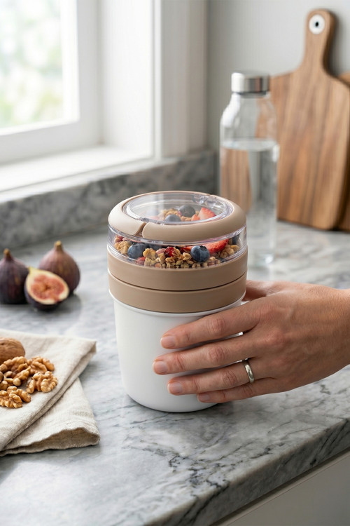 MixmeGO Müsli Kabı 650 ml Yoğurt Yulaf Saklama Kabı Beslenme Kabı Taşıma Saplı Çorba Kabı