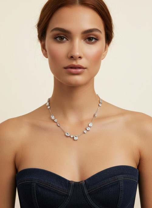 Accessories Kadın Gümüş Renk Sıralı Swarovski Taşlı Zarif Kolye