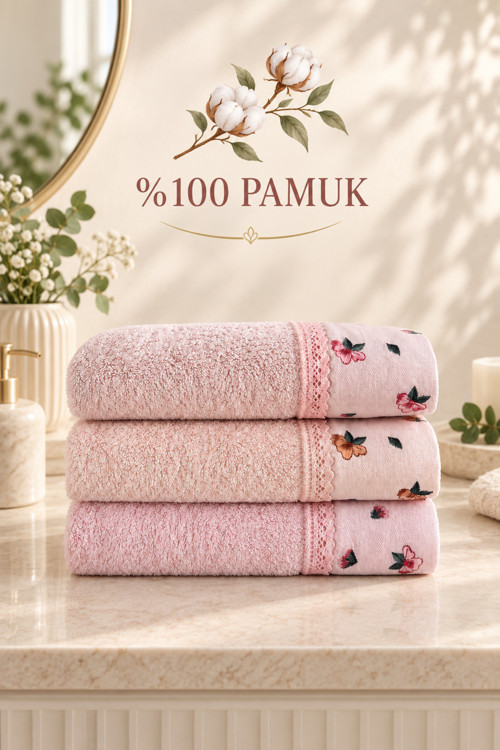 Çiçek Desenli 3’lü El Yüz Havlusu Seti – 50×90 cm