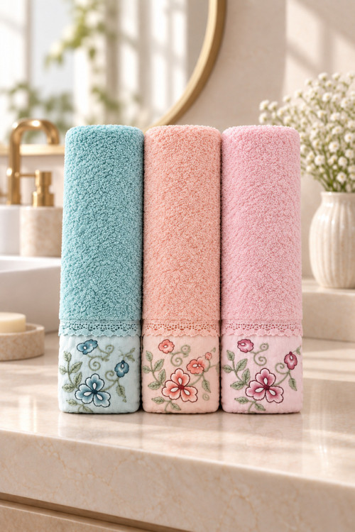 Bahar Dalı Çiçek Nakışlı El Yüz Havlusu 50x90 cm 3’lü Set %100 Pamuk
