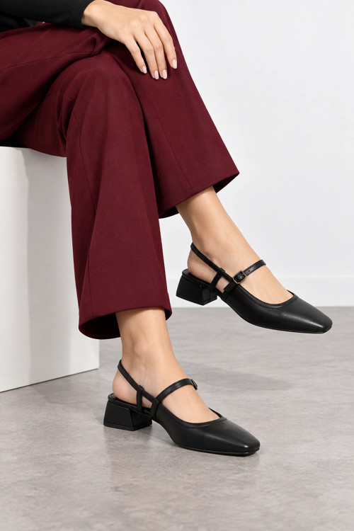 Stewie Kadın İnce Bant Detaylı Kısa Topuklu Ayakkabı - Siyah Rugan
