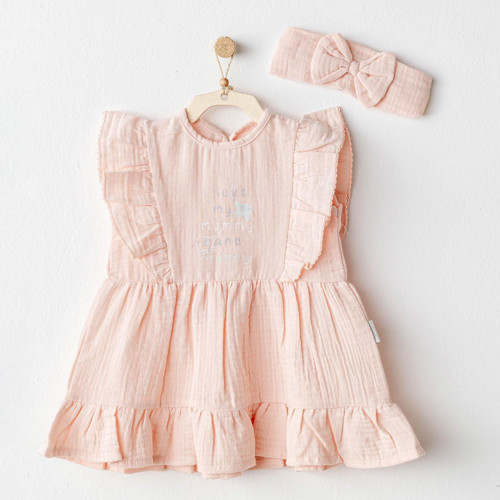 AC25521 Love Family Müslin Bebek Elbise Takım Salmon 1-3 Ay