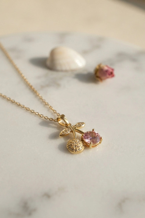 316L Çelik Zincir Gold Renk Pembe Kiraz Model Kolye TJ-BKO11190