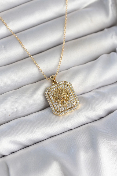 316L Çelik Zincir Gold Aslan Madalyon Model Zirkon Taşlı Kadın Kolye TJ-BKO11139