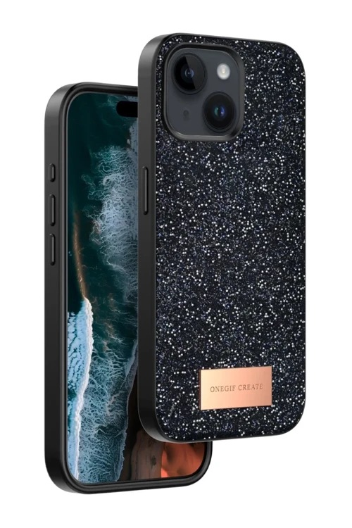 Onegif iPhone 15 Uyumlu Bright Simli Kapak - Siyah