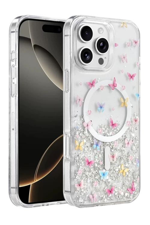 Onegif iPhone 16 Pro Max Uyumlu Misk Simli Magsafe Kapak - Desen 4