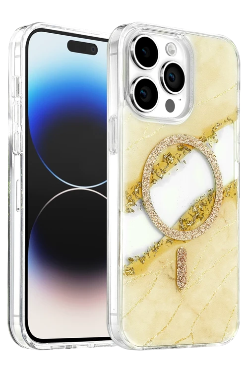 Onegif iPhone 14 Pro Max Uyumlu Lotus Simli Magsafe Kapak - Gümüş