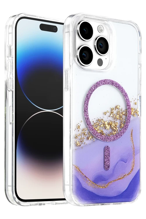 Onegif iPhone 14 Pro Max Uyumlu Lotus Simli Magsafe Kapak - Mor