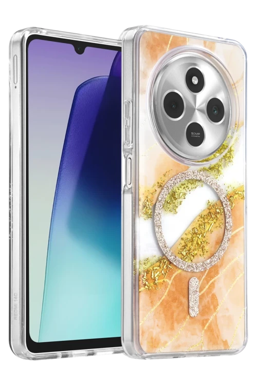 Onegif Redmi 14C Uyumlu Lotus Simli Magsafe Kapak - Turuncu