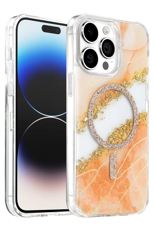 Onegif iPhone 14 Pro Max Uyumlu Lotus Simli Magsafe Kapak - Turuncu