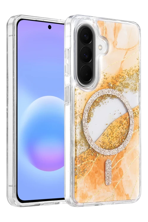 Onegif Samsung Galaxy A57 5G Uyumlu Lotus Simli Magsafe Kapak - Turuncu