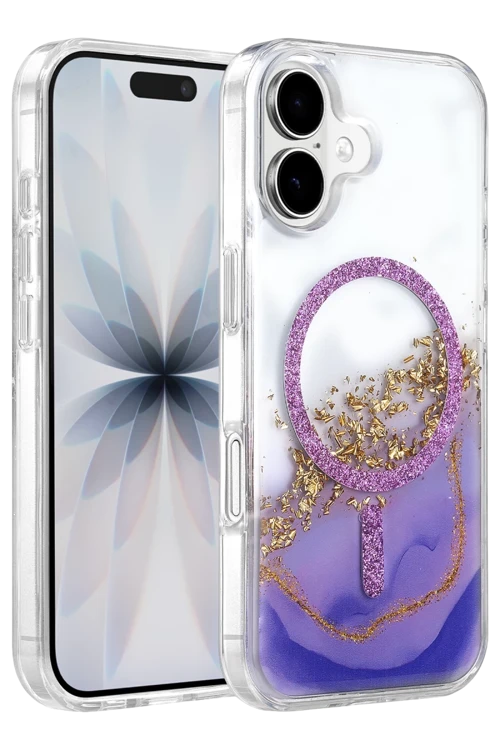 Onegif iPhone 16 Uyumlu Lotus Simli Magsafe Kapak - Mor