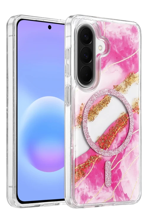 Onegif Samsung Galaxy A56 Uyumlu Lotus Simli Magsafe Kapak - Pembe