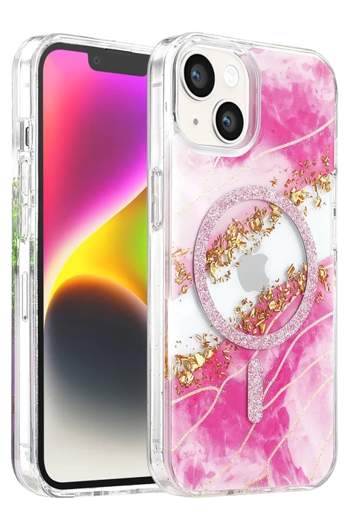 Onegif iPhone 15 Uyumlu Lotus Simli Magsafe Kapak - Pembe