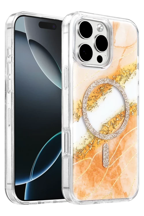 Onegif iPhone 16 Pro Max Uyumlu Lotus Simli Magsafe Kapak - Turuncu