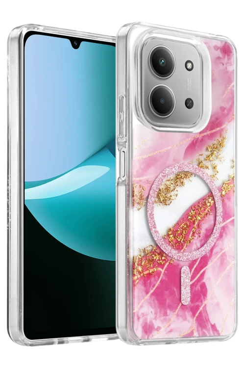 Onegif Redmi 15C 4G Uyumlu Lotus Simli Magsafe Kapak - Pembe