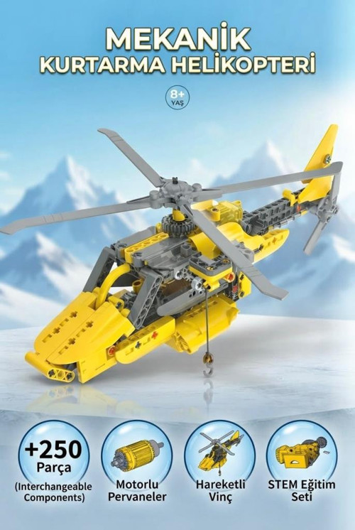 Clemento-Ni Mekanik Kurtarma 250 Parçalı Motor Mekanizmalı 20 Farklı Şekilli Oyuncak Helikopter