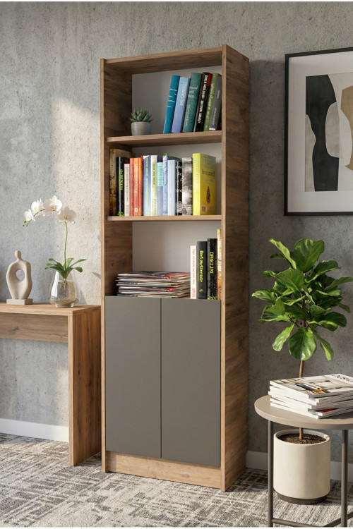 Flat56 Kitaplık 2 Kapaklı Kütüphane Çok Amaçlı Dolap Çam Antrasit