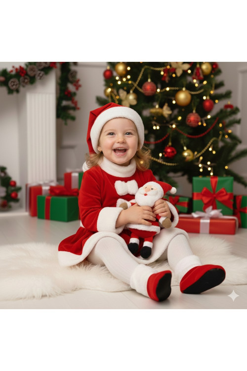 Kız Bebek Noel Elbise Çıtçıtlı Patikli Şapkalı Yılbaşı Kostümü