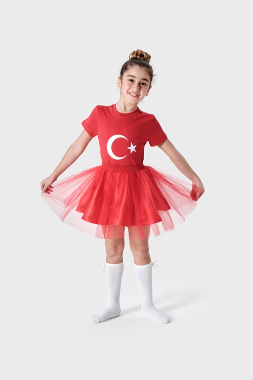 Kız Çocuk 23 Nisan Kostümü - Kırmızı Ay Yıldızlı Tişört Ve Kırmızı Tütü Etek Takımı
