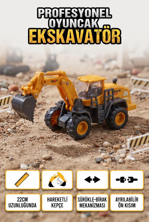 Ekskavatör 1/35 Ölçekli 22 cm Hareketli Kepçe Mekanizmalı ve Ayrılabilir Kabinli Oyuncak İş Makinesi