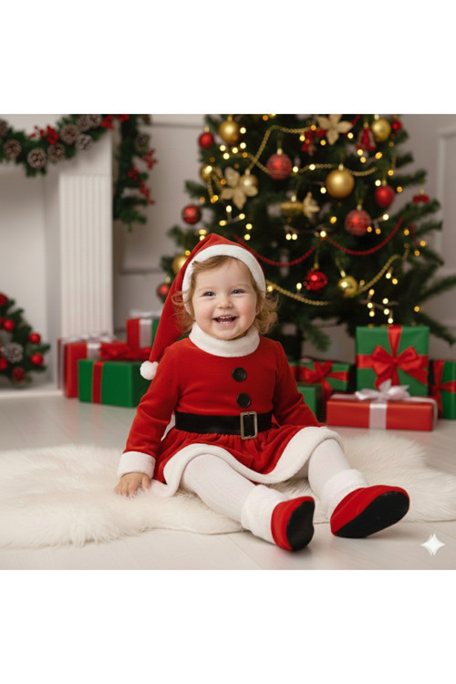 Kız Bebek Noel Elbise Çıtçıtlı Patikli Şapkalı Yılbaşı Kostümü