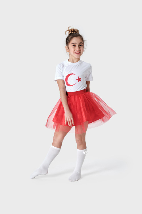 Kız Çocuk 23 Nisan Kostümü - Beyaz Ay Yıldızlı Tişört Ve Kırmızı Tütü Etek Takımı