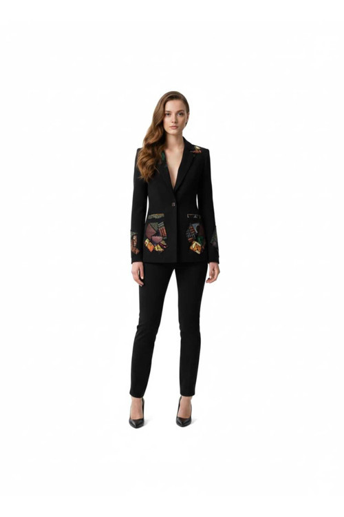 Patchwork Detaylı Siyah Kadın Blazer Ceket
